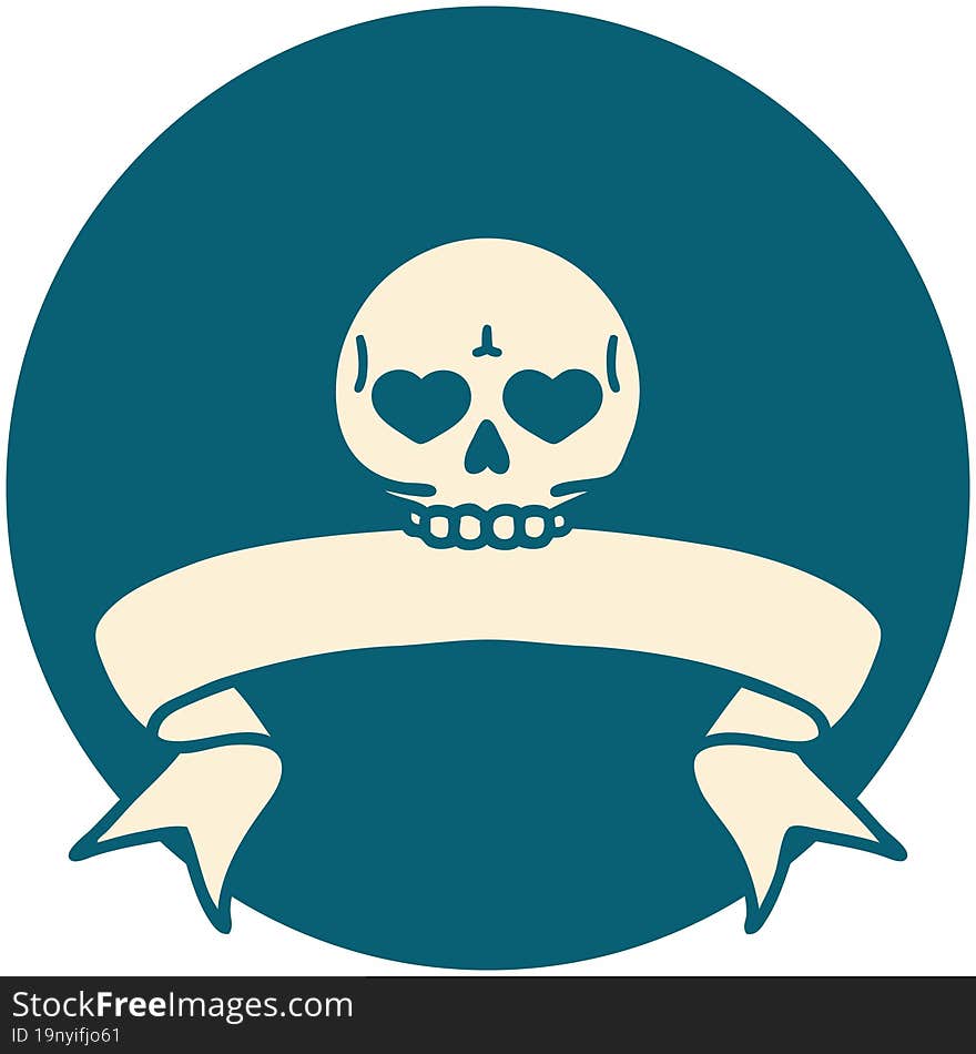 tattoo style icon with banner of a skull