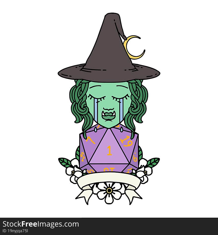 crying half orc witch character with natural one roll illustration