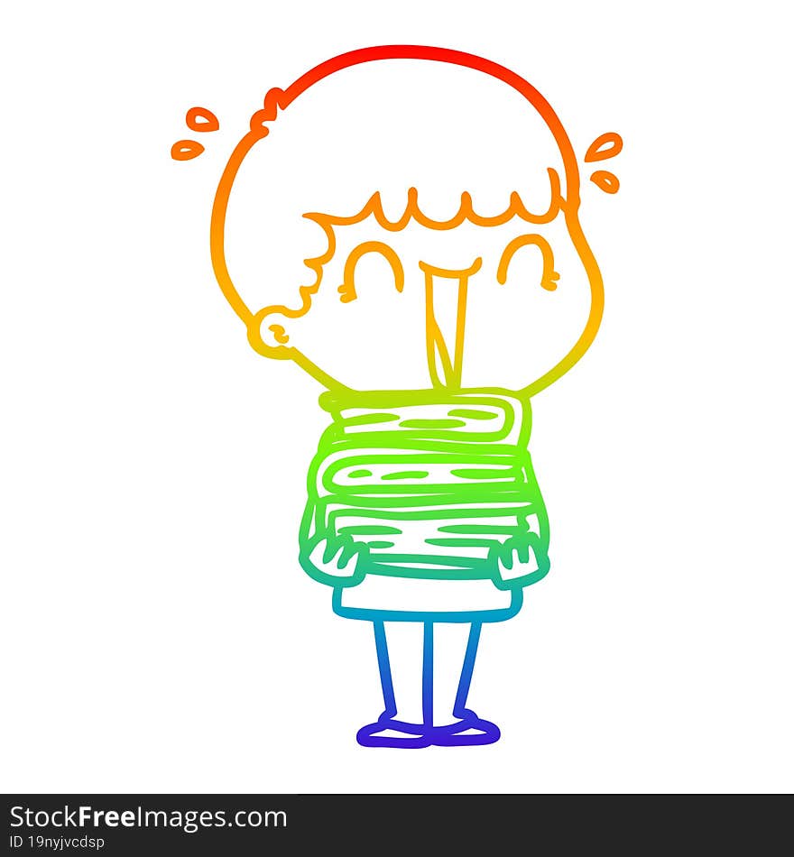 rainbow gradient line drawing laughing cartoon man holding stack of books