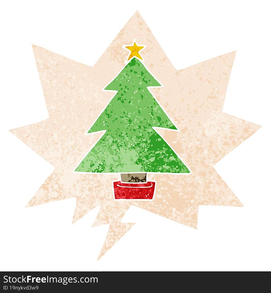 Cartoon Christmas Tree And Speech Bubble In Retro Textured Style