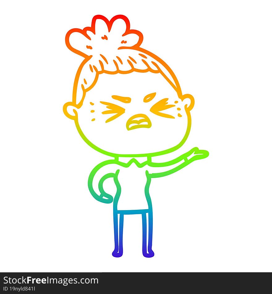 rainbow gradient line drawing of a cartoon angry woman