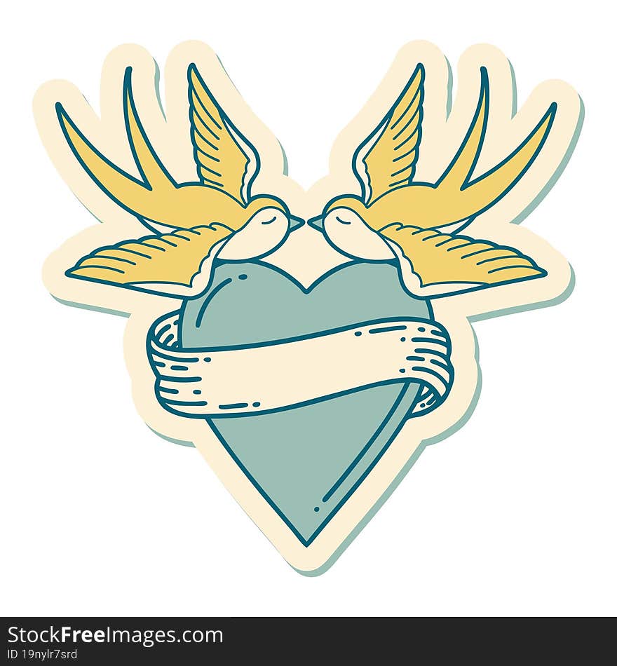 sticker of tattoo in traditional style of swallows and a heart with banner. sticker of tattoo in traditional style of swallows and a heart with banner