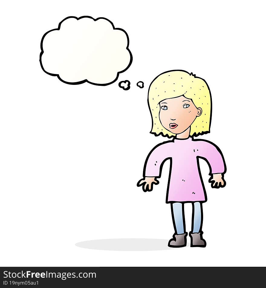 cartoon cautious woman with thought bubble