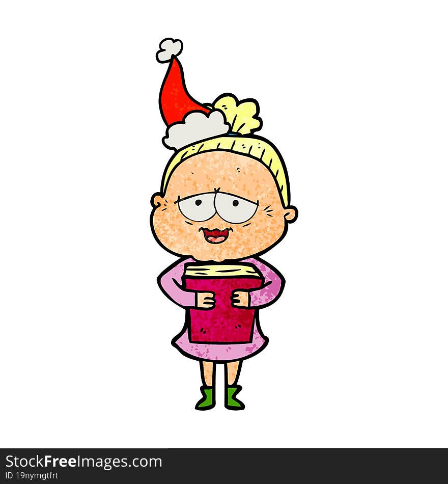 hand drawn textured cartoon of a happy old lady wearing santa hat