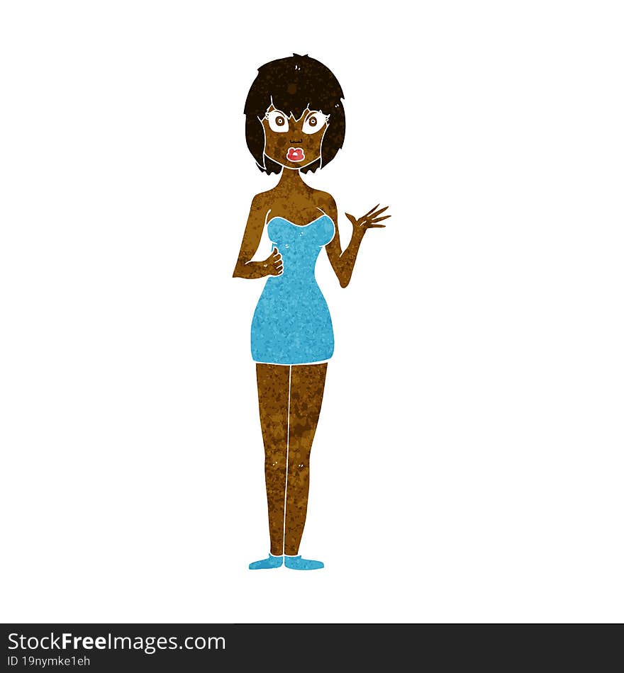 cartoon confused woman in cocktail dress