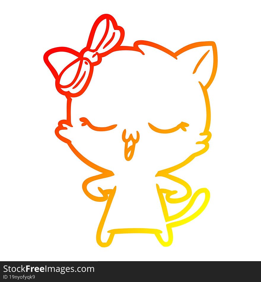 Warm Gradient Line Drawing Cartoon Cat With Bow On Head