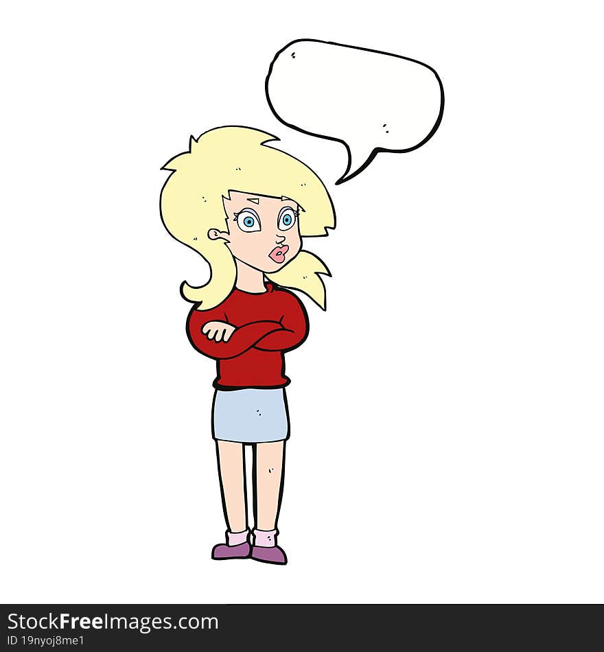 cartoon woman with folded arms with speech bubble