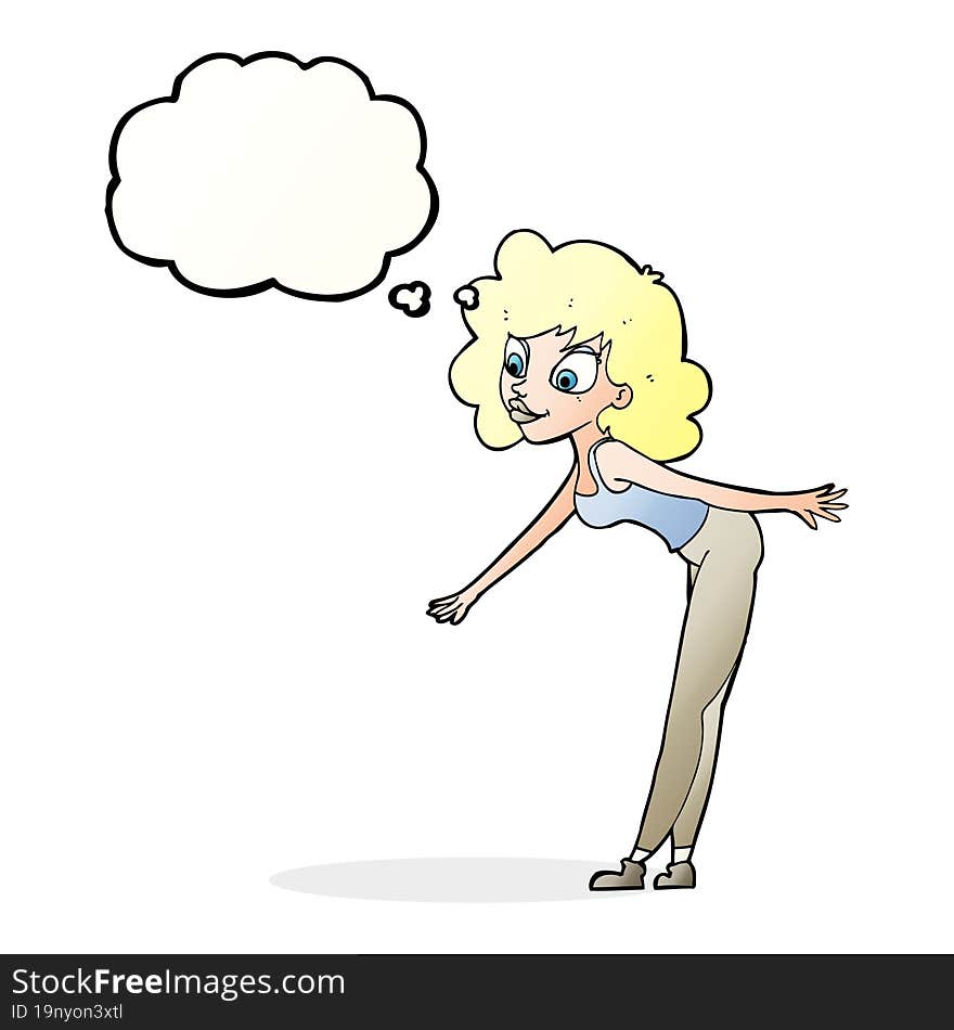 cartoon woman reaching to pick something up with thought bubble