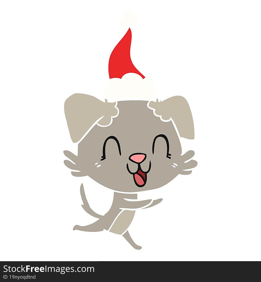 laughing flat color illustration of a dog wearing santa hat