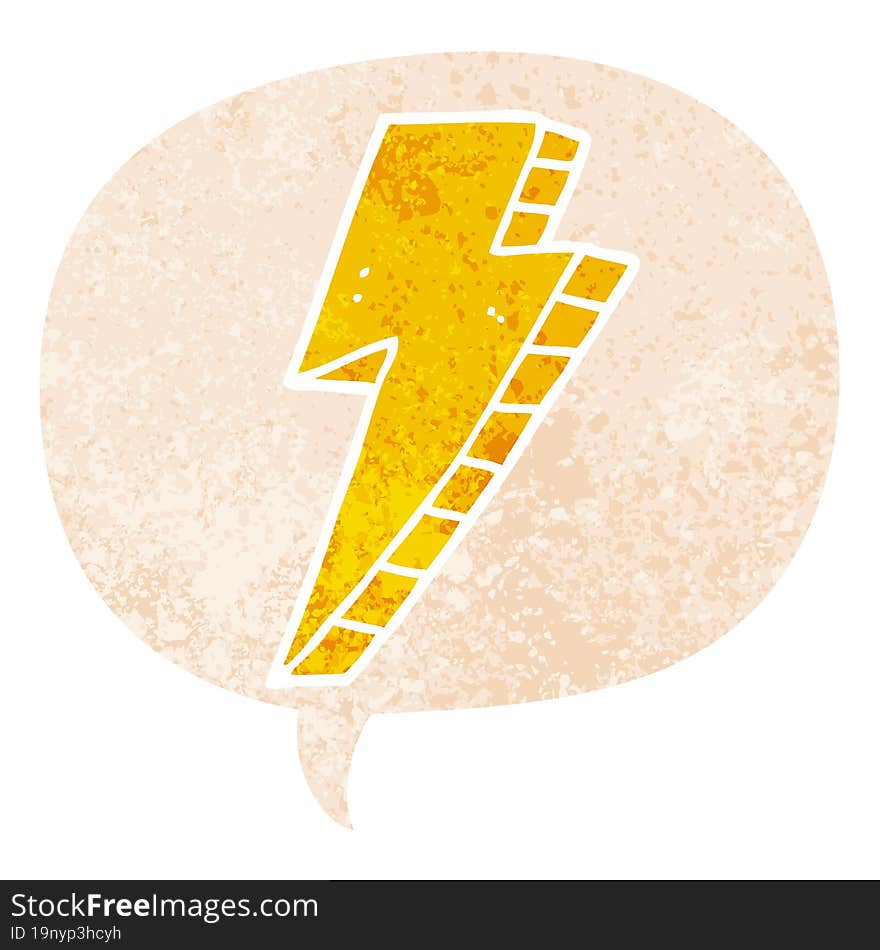 Cartoon Lightning Bolt And Speech Bubble In Retro Textured Style