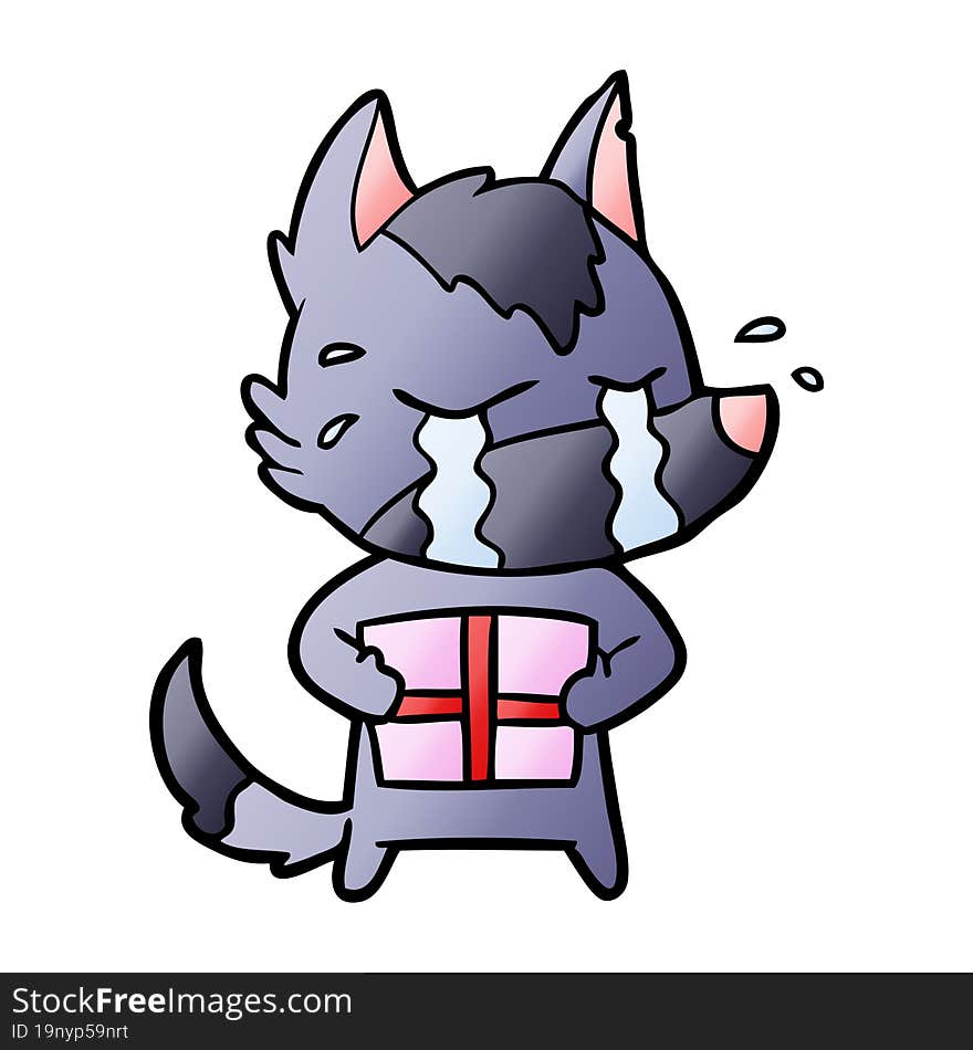 cartoon crying wolf with christmas present. cartoon crying wolf with christmas present