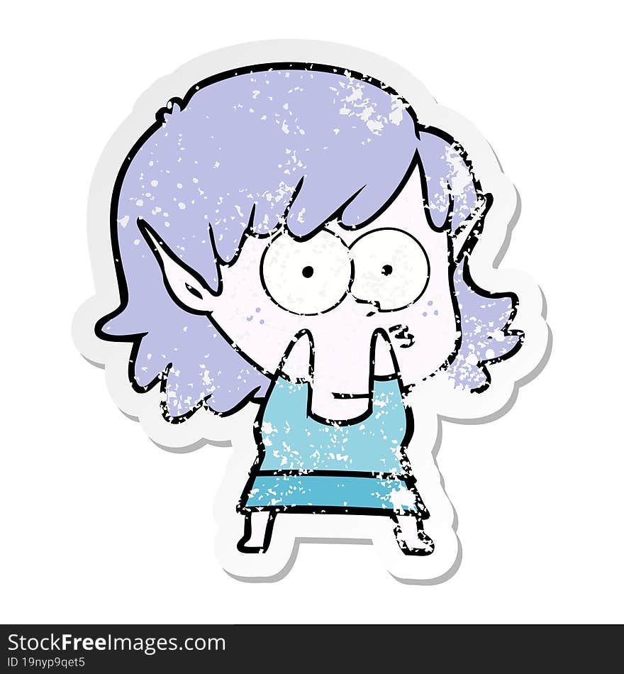 distressed sticker of a cartoon elf girl staring