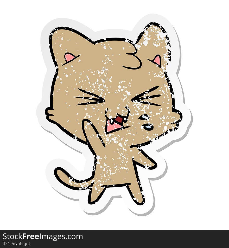 distressed sticker of a cartoon hissing cat