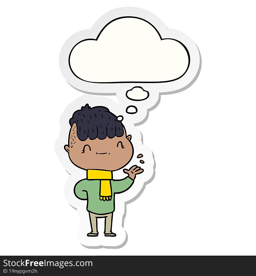 cartoon friendly boy with thought bubble as a printed sticker