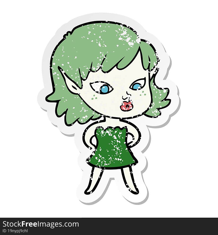 distressed sticker of a pretty cartoon elf girl