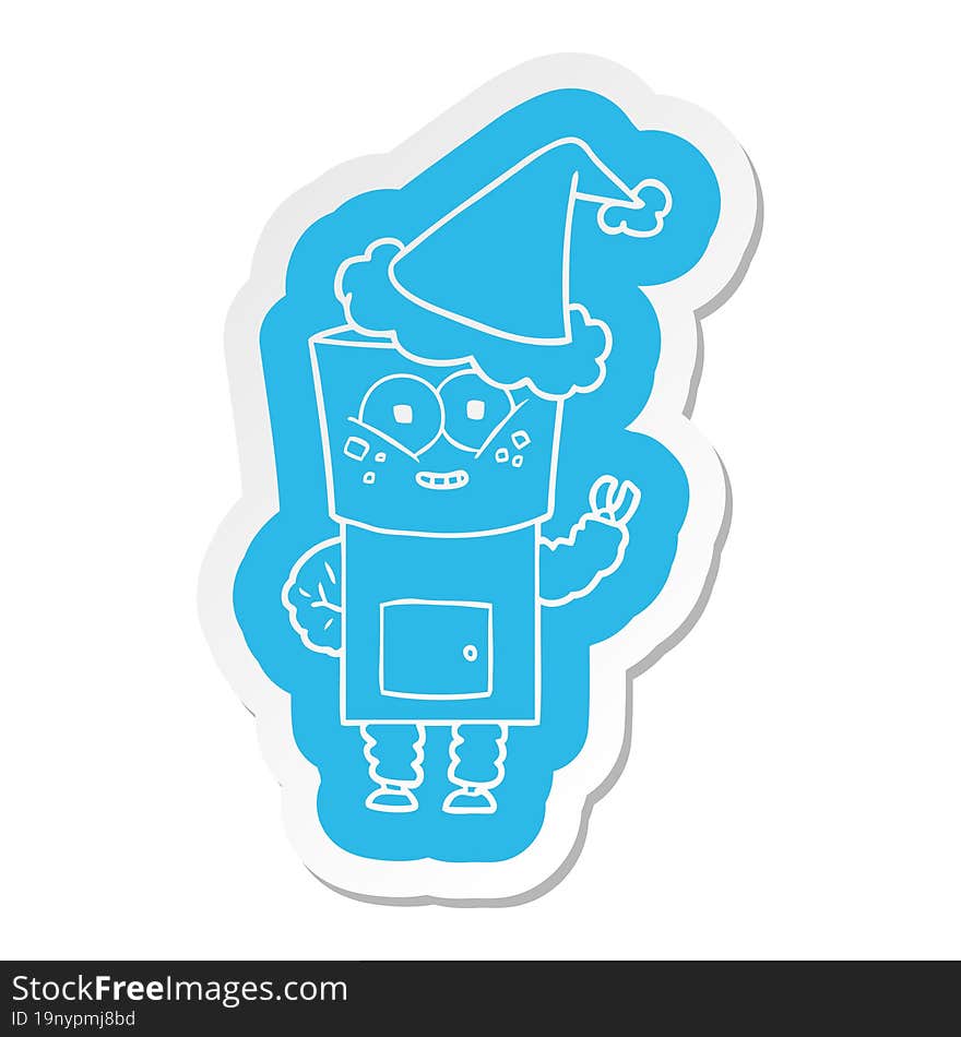 Happy Cartoon  Sticker Of A Robot Waving Hello Wearing Santa Hat