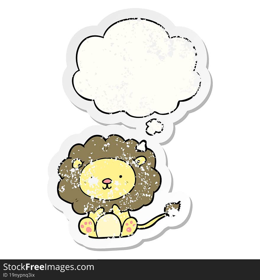 cartoon lion and thought bubble as a distressed worn sticker