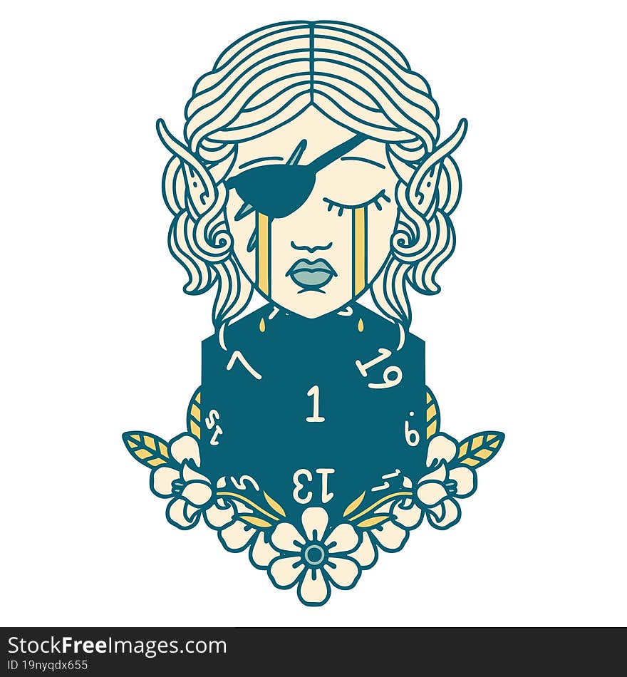 Retro Tattoo Style crying elf rogue character face with natural one D20 roll. Retro Tattoo Style crying elf rogue character face with natural one D20 roll