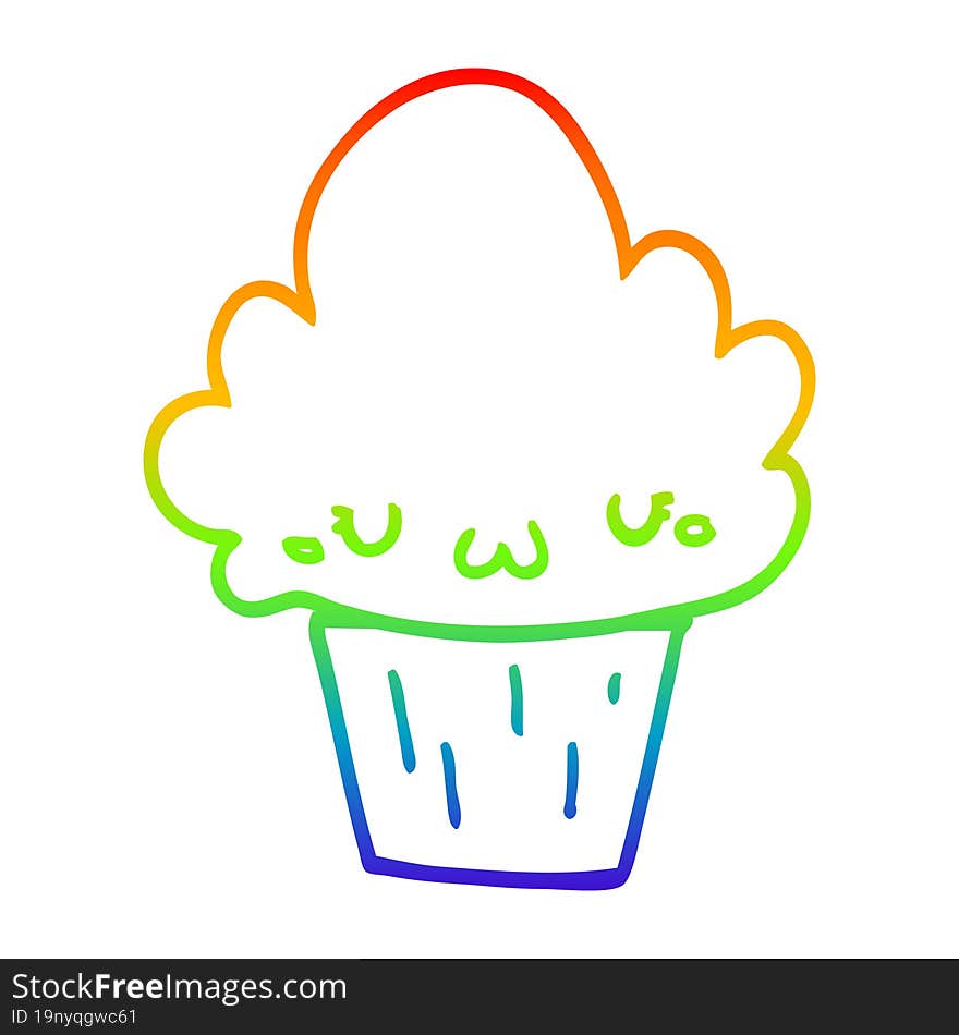 rainbow gradient line drawing of a cartoon cupcake with face