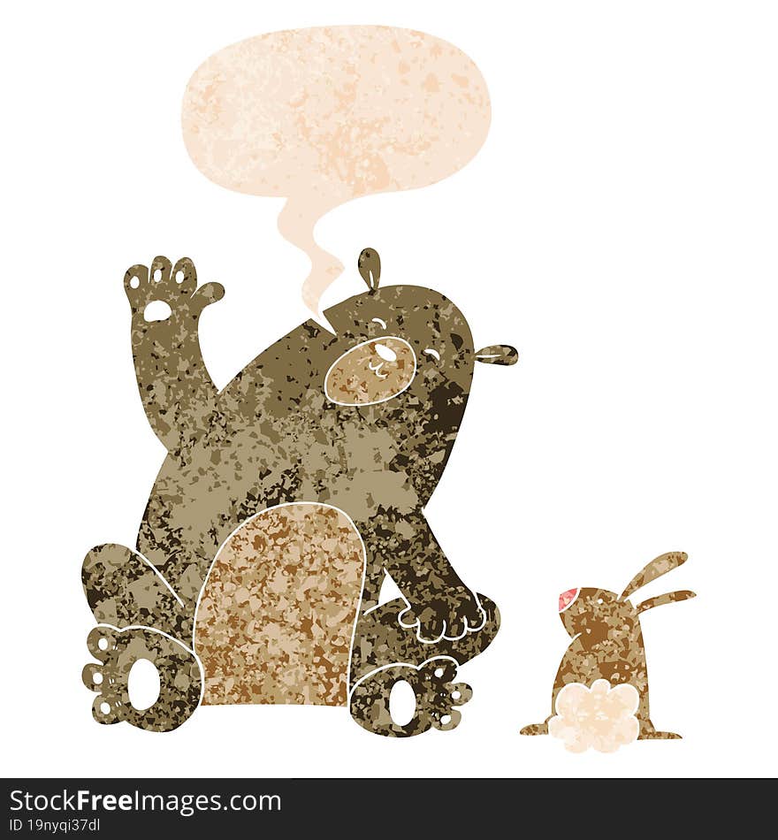 cartoon bear and rabbit friends and speech bubble in retro textured style