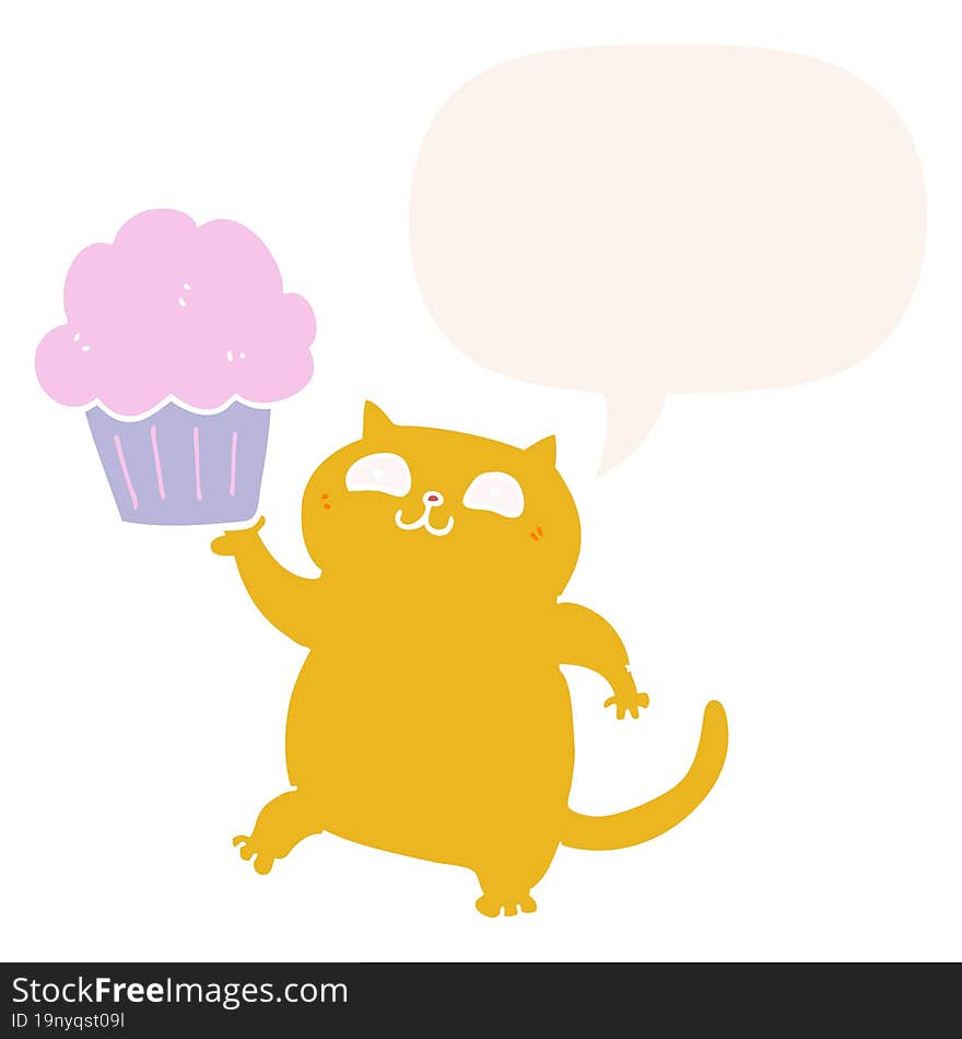 cartoon cat and cupcake and speech bubble in retro style