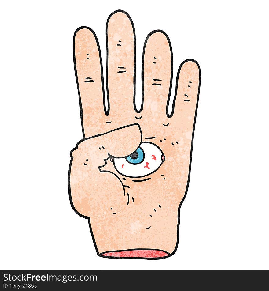 freehand textured cartoon spooky hand with eyeball