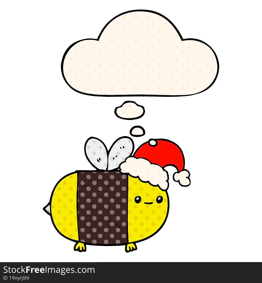 Cartoon Christmas Bee And Thought Bubble In Comic Book Style