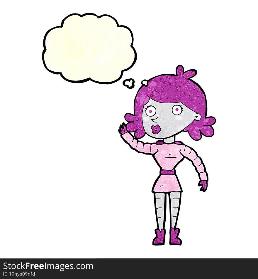 Cartoon Robot Woman Waving With Thought Bubble