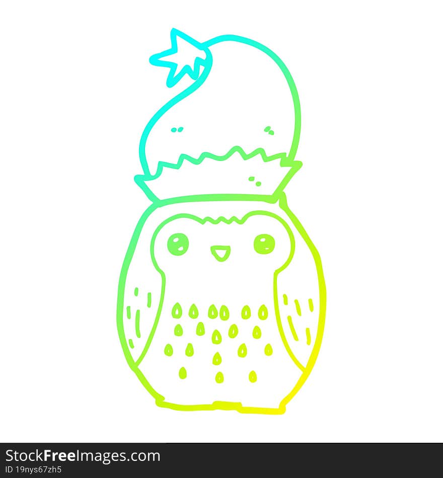 cold gradient line drawing cute cartoon owl wearing christmas hat