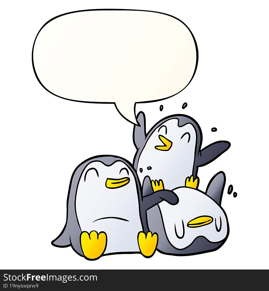 cartoon happy penguins and speech bubble in smooth gradient style