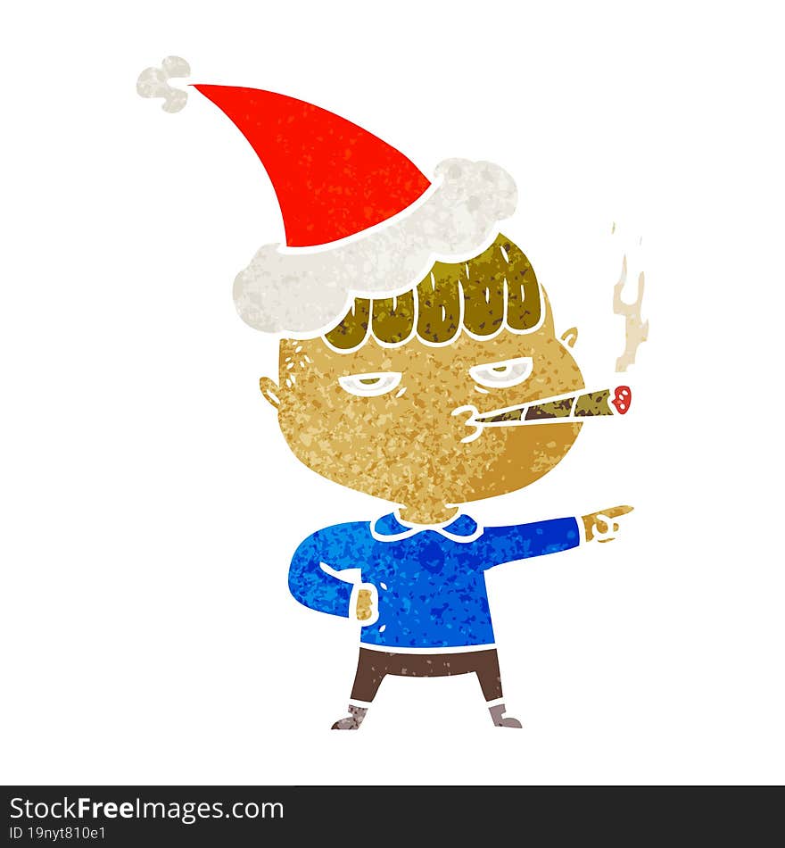 retro cartoon of a man smoking wearing santa hat