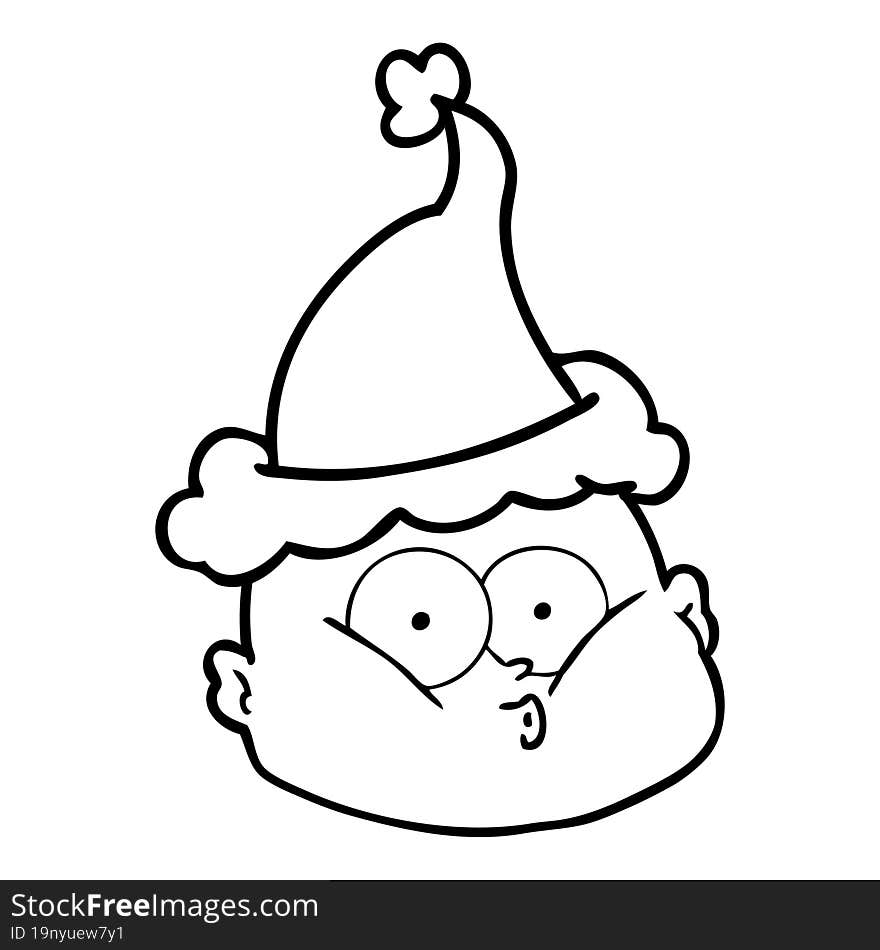 line drawing of a curious bald man wearing santa hat