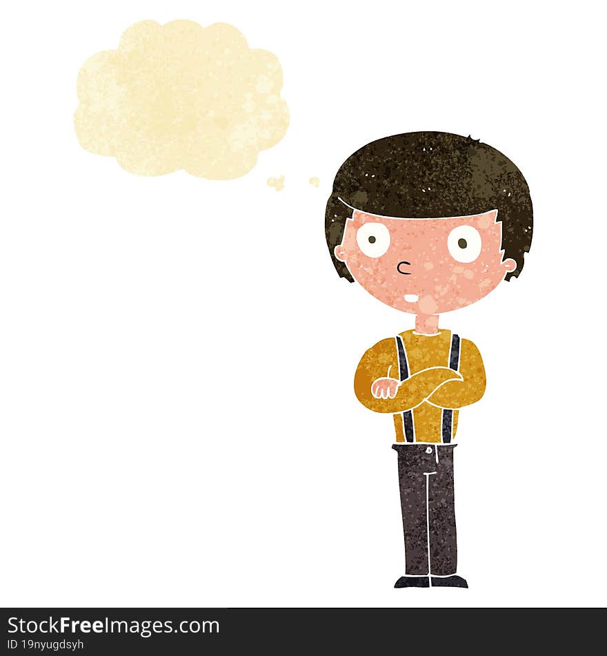 cartoon staring boy with folded arms with thought bubble