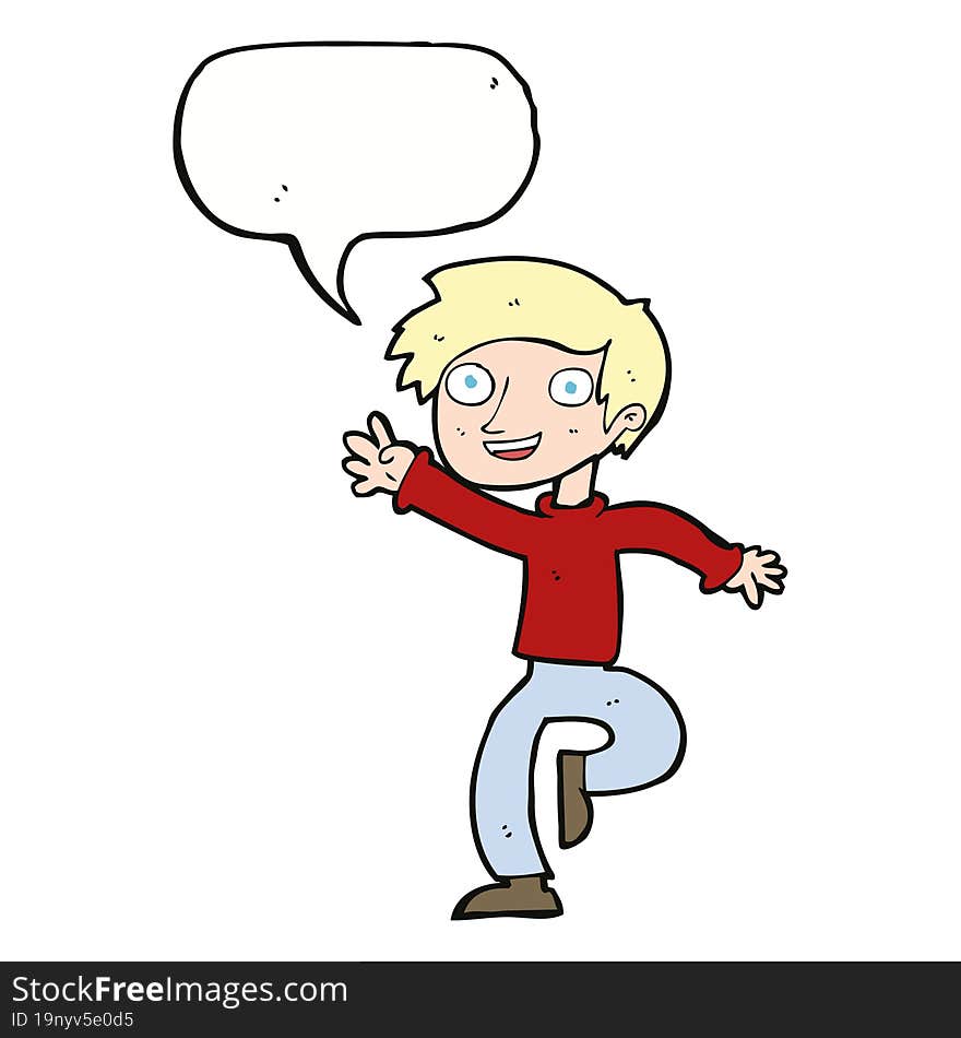 cartoon excited boy dancing with speech bubble