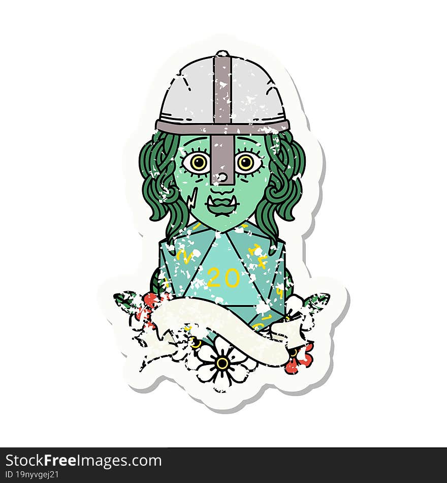 half orc fighter character with natural 20 dice roll grunge sticker