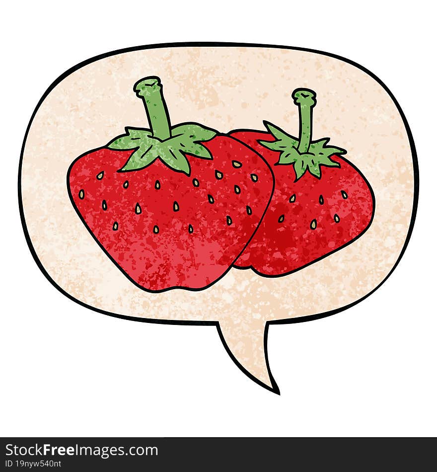 cartoon strawberry and speech bubble in retro texture style