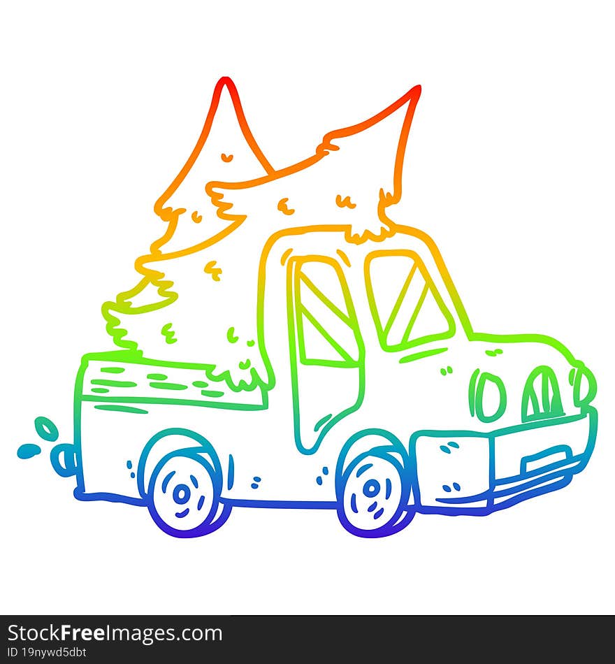 rainbow gradient line drawing of a pickup truck carrying christmas trees