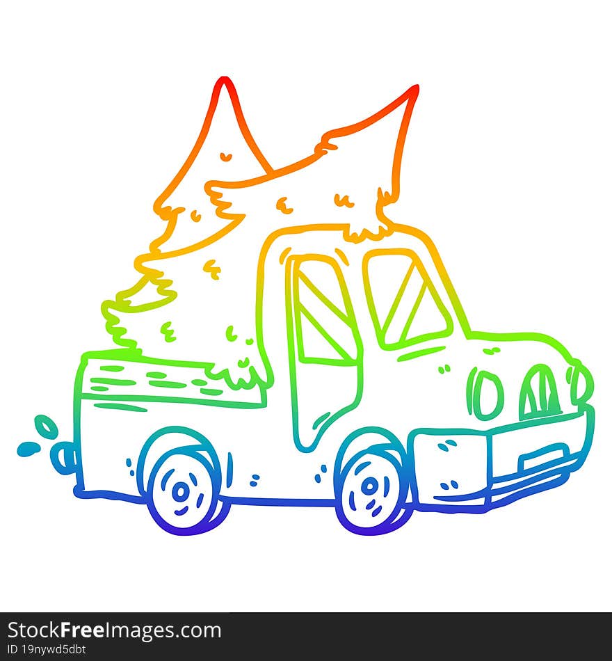 Rainbow Gradient Line Drawing Pickup Truck Carrying Christmas Trees