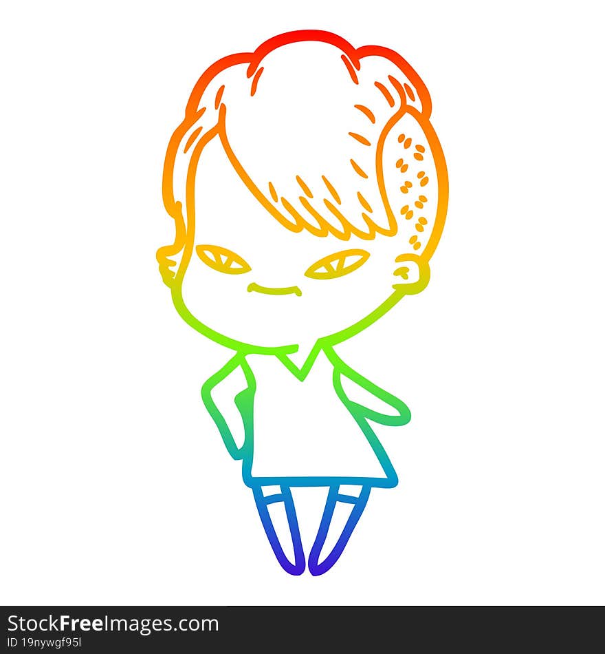 rainbow gradient line drawing cute cartoon girl with hipster haircut