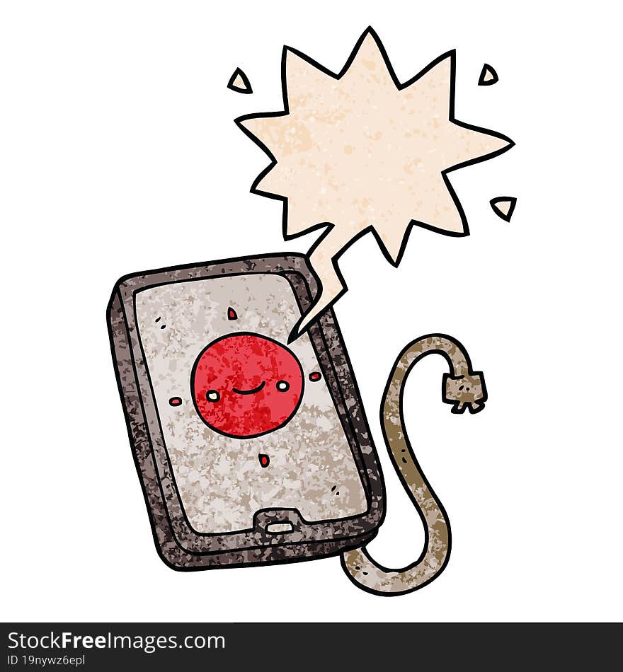 cartoon mobile phone device with speech bubble in retro texture style