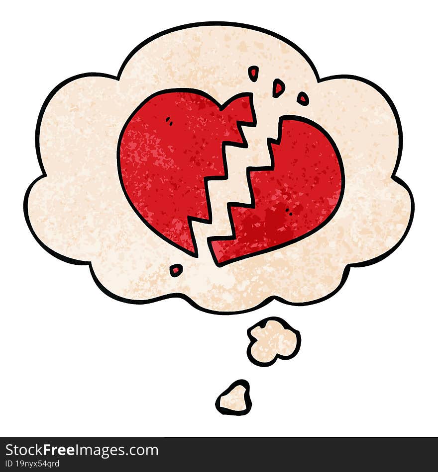 cartoon broken heart and thought bubble in grunge texture pattern style