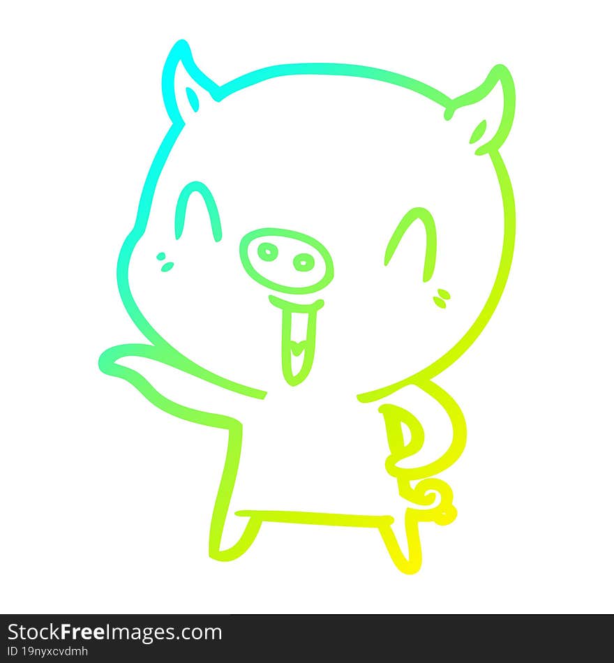 cold gradient line drawing of a happy cartoon pig