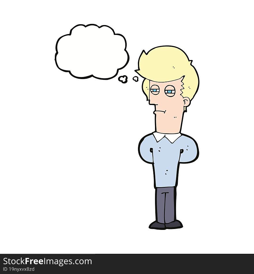 cartoon jaded man with thought bubble