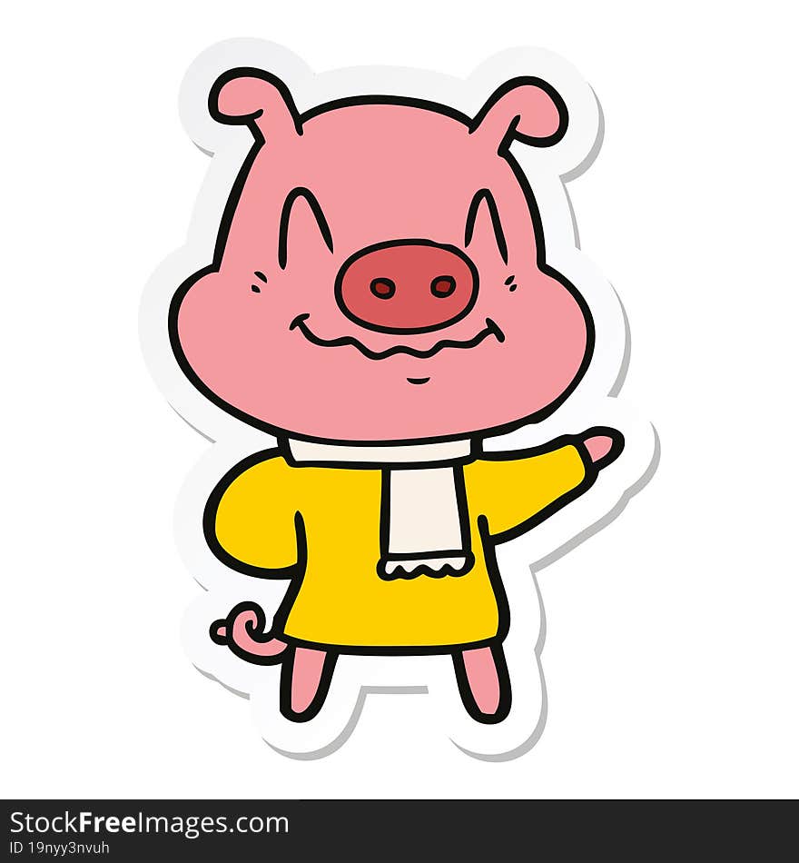 sticker of a nervous cartoon pig wearing scarf