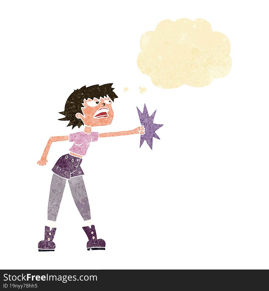 cartoon woman punching with thought bubble