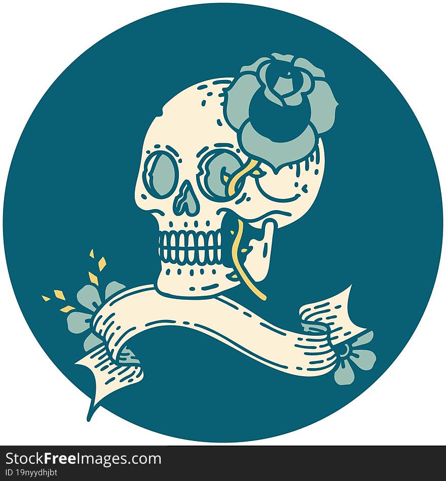 tattoo style icon with banner of a skull and rose