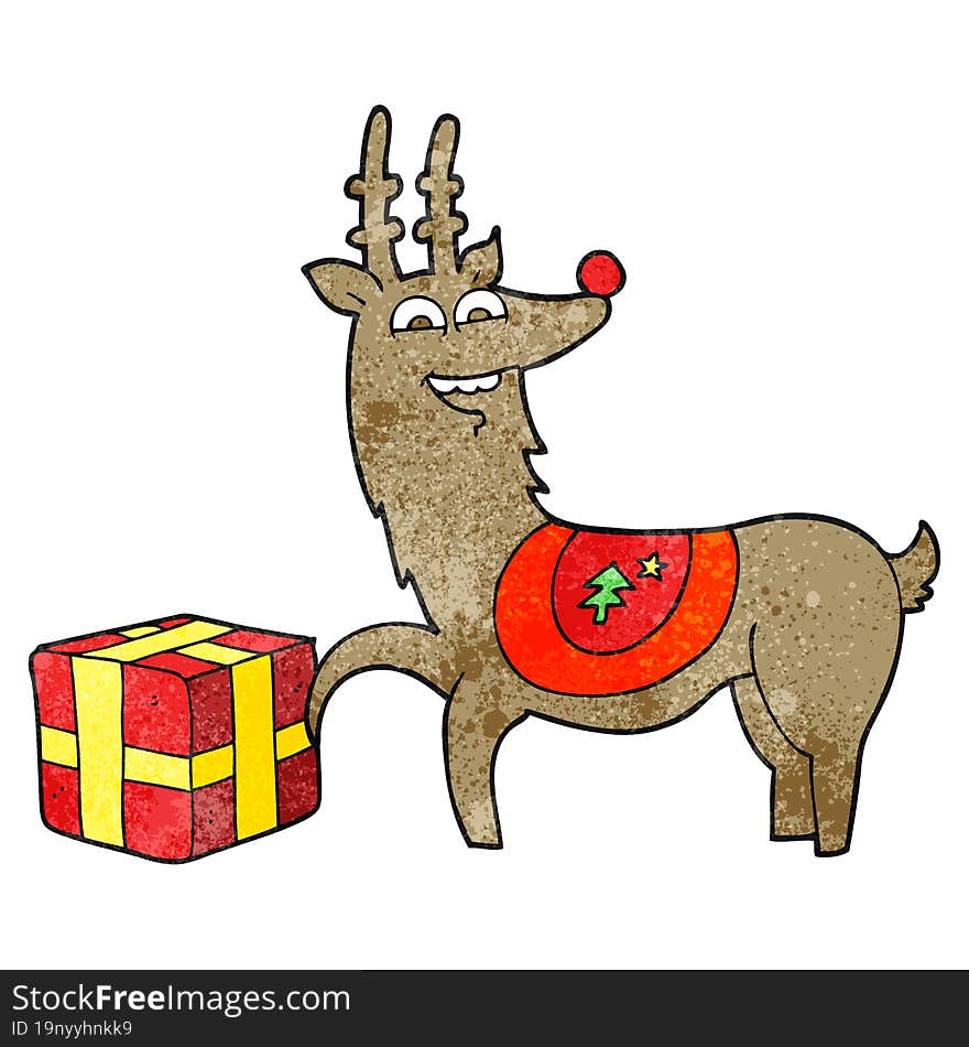 textured cartoon christmas reindeer with present