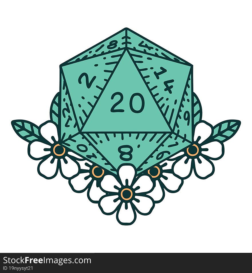 Natural 20 D20 Dice Roll With Floral Elements Illustration