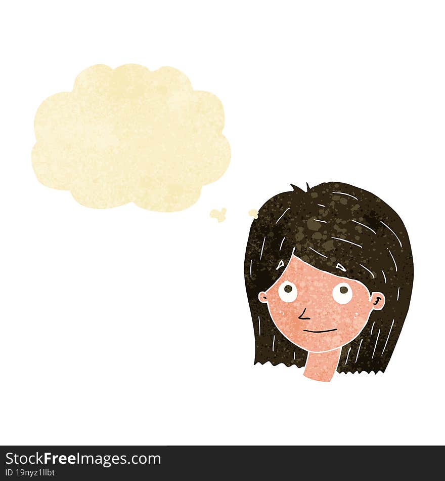 cartoon happy female face with thought bubble