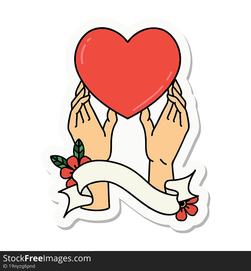 tattoo style sticker with banner of hands reaching for a heart